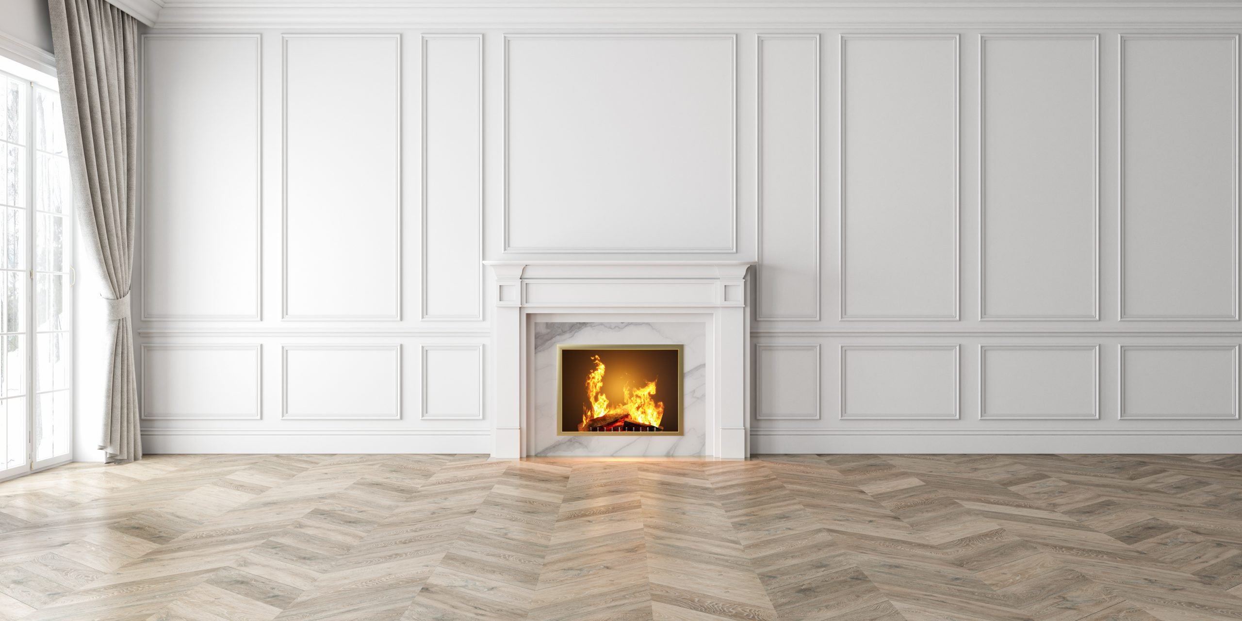 Classic empty white interior with fireplace, curtain, window and wall panels